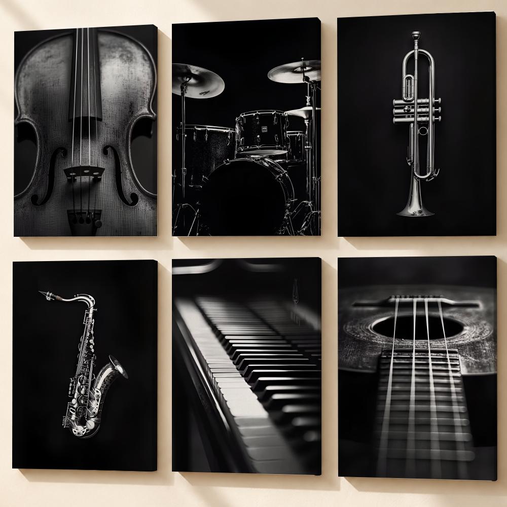 Musical Instrument Painting - Czarno-biały obraz muzyczny z instrumentami w