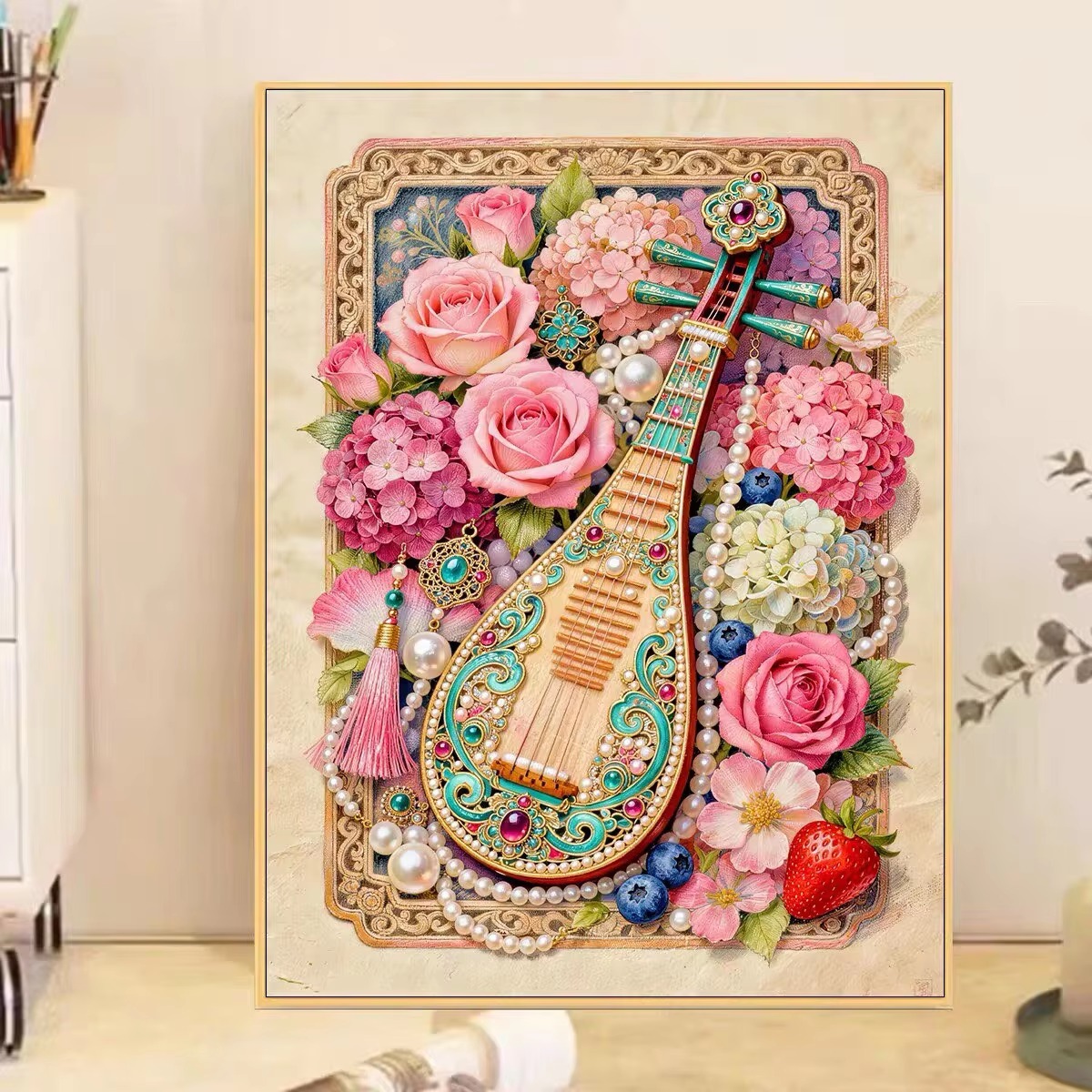 Musical Instrument Painting - Diamentowa Mozaika Kwiaty Pipa - Instrument