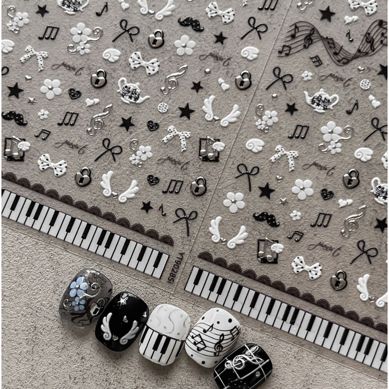 Musical Instrument Painting - Czarne Białe Naklejki na Paznokcie z
